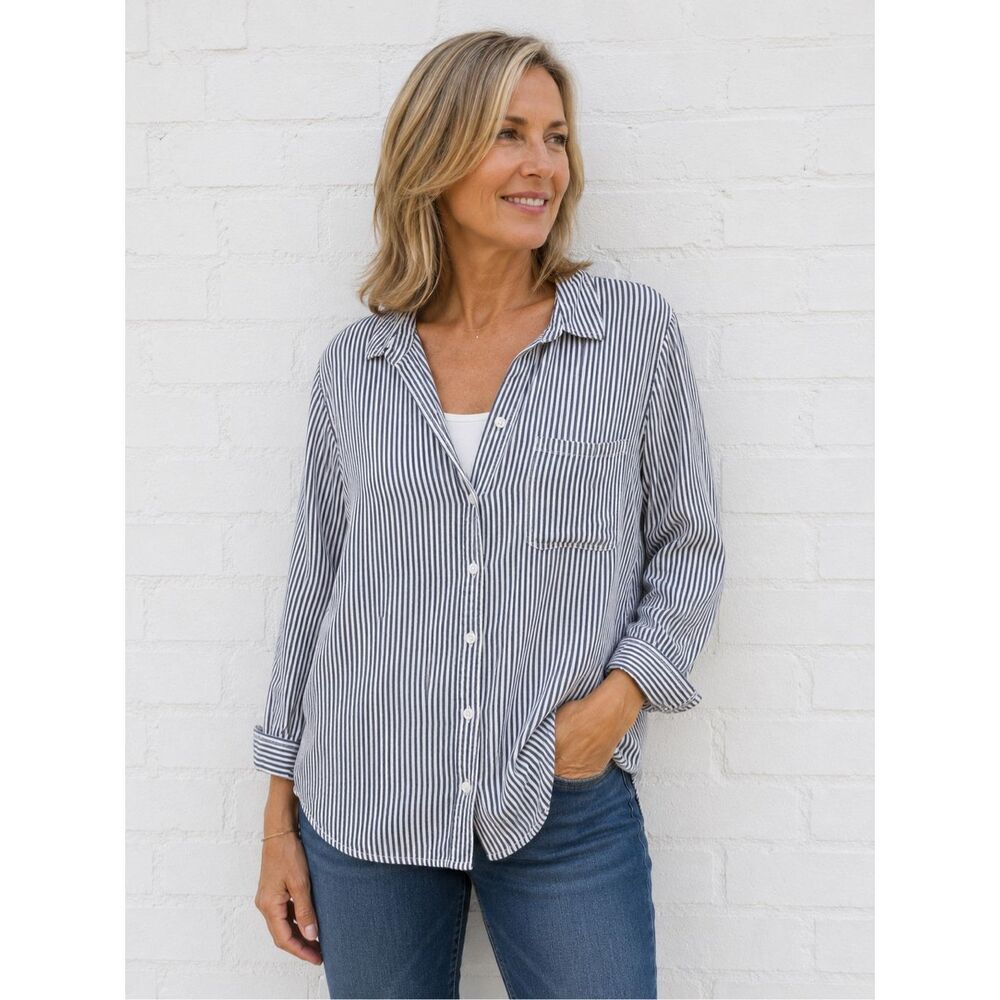BeachLunchLounge Women’s Large Blue White Striped Button Down Shirt Top